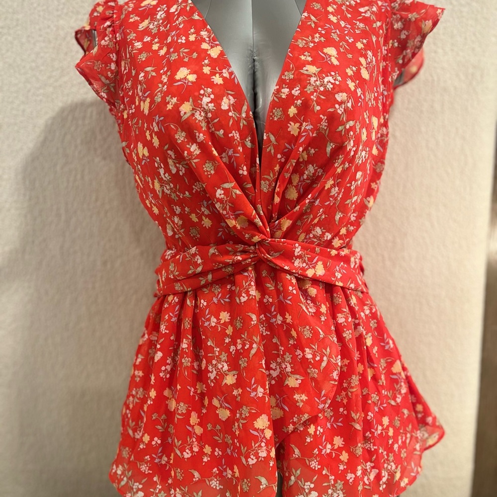 Red Floral Tie-Waist Camisole Top